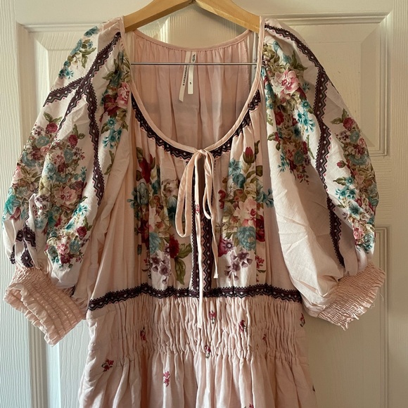 Anthropologie Pink Floral Maxi Dress Puff Sleeve - Picture 6 of 7